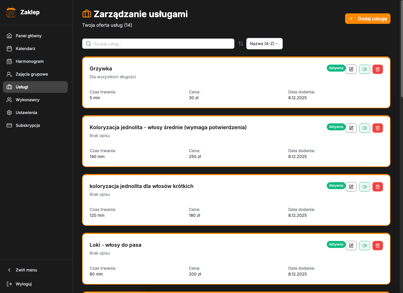 Konfiguracja usług - definiuj usługi, ceny i czas trwania
